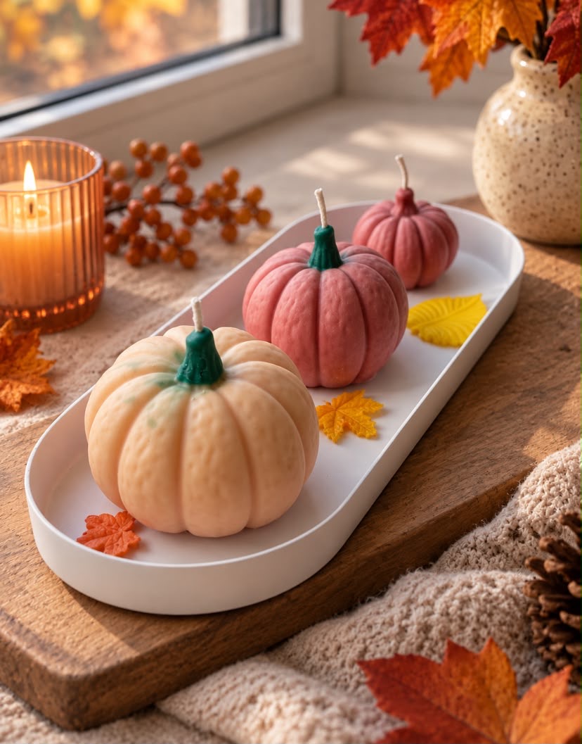 Pompoen Kaarsen Set Herfst – 3 Stuks & Decoratieschaal Sojawas
