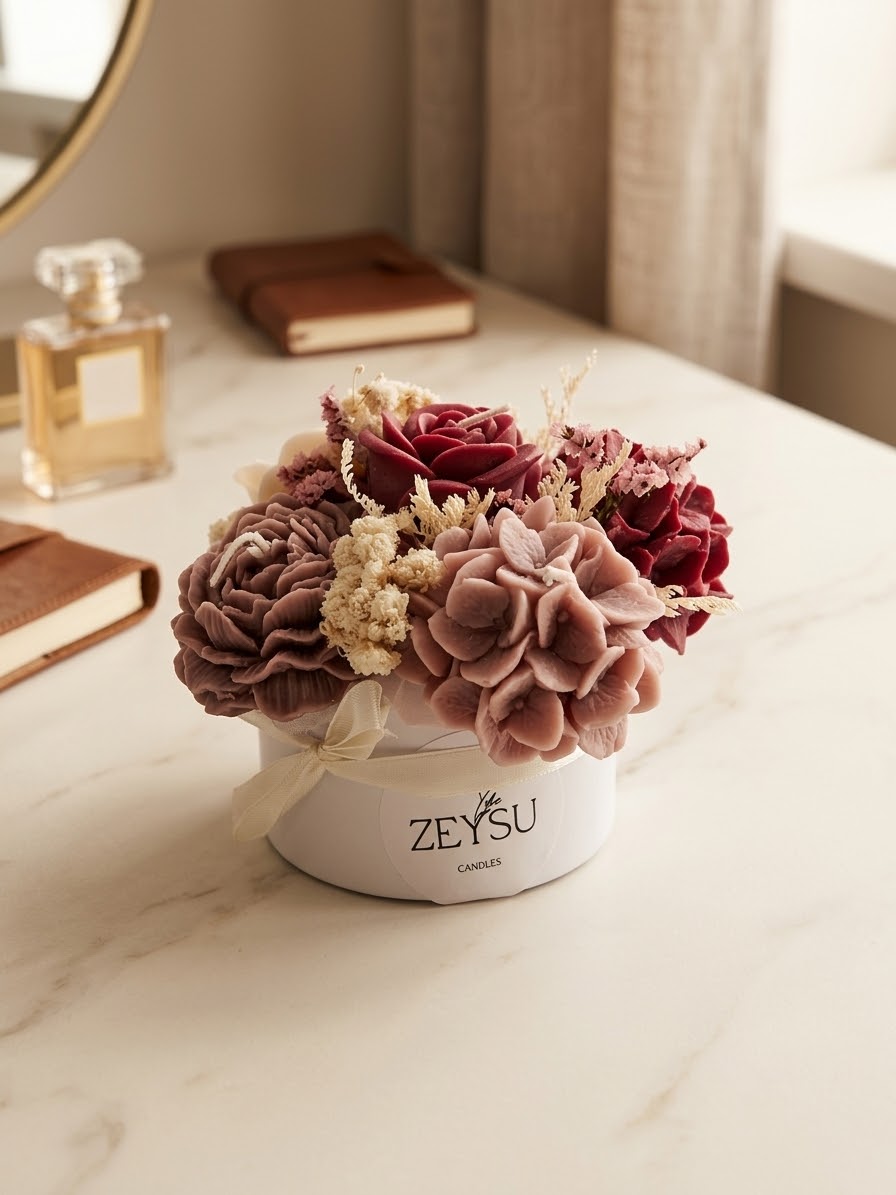 Klein Bloemenboeket in Wit Blik – Oudroze & Bordeaux