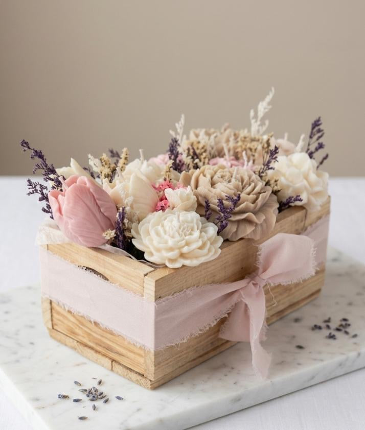 Luxe Kaarsboeket in Kist - Beige/Wit/Roze