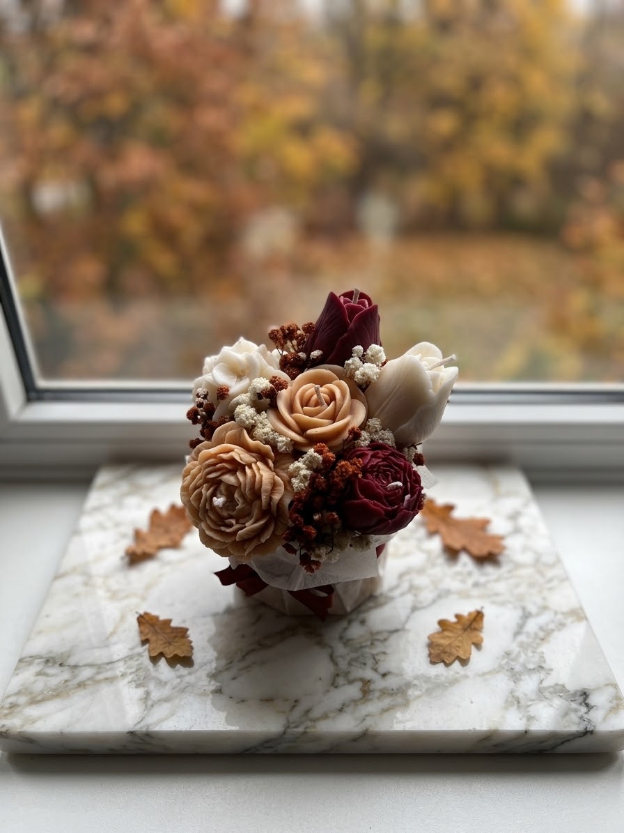 Klein bloemenboeket in wit blik – Roest oranje & Donkerrood