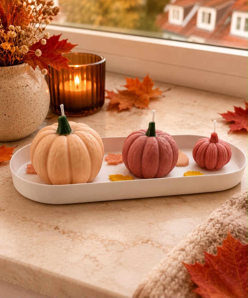Pompoen Kaarsen Set Herfst – 3 Stuks & Decoratieschaal Sojawas